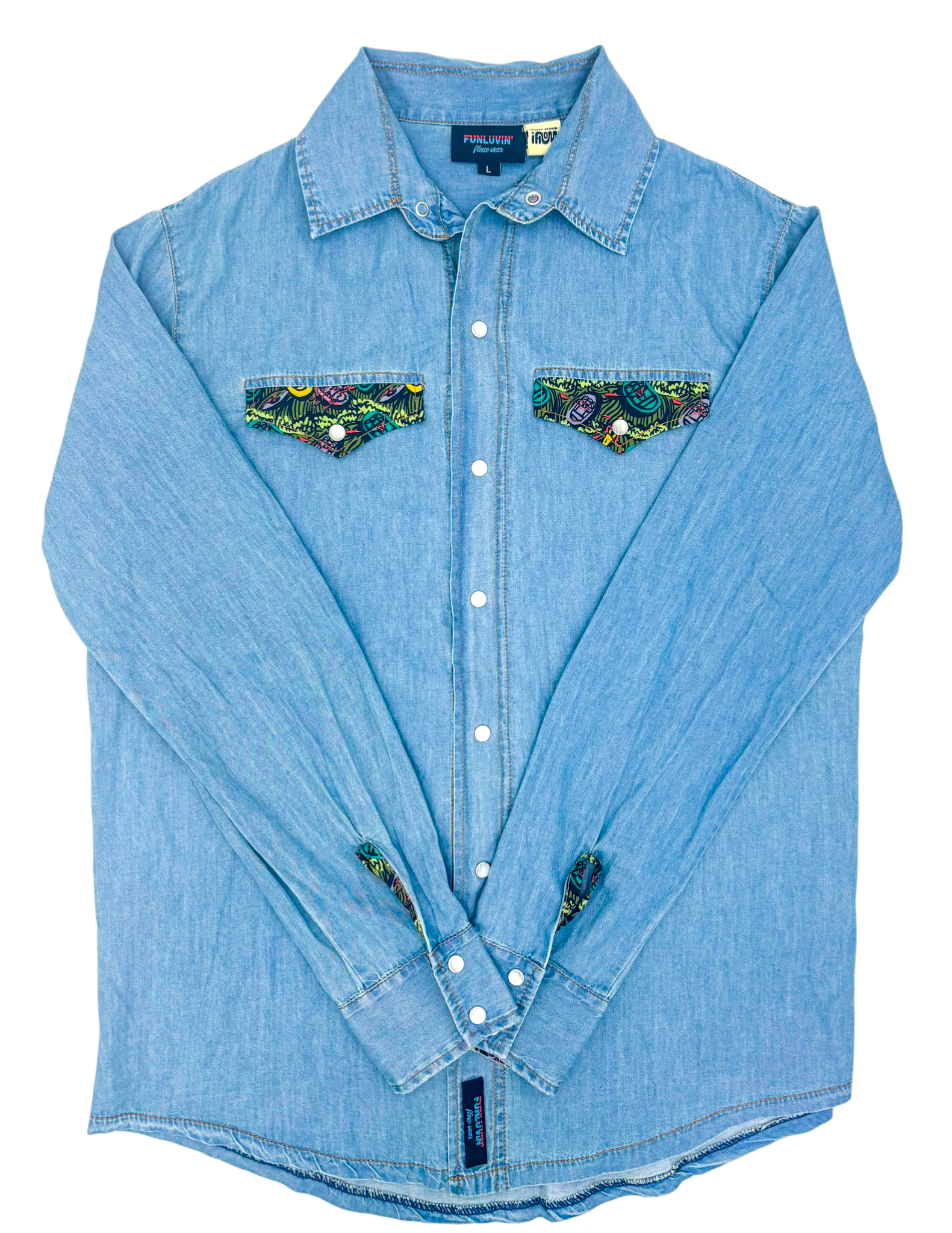 Georgie (Leopard) Denim Pearl Snap Shirt — FunLuvin' Fleecewear